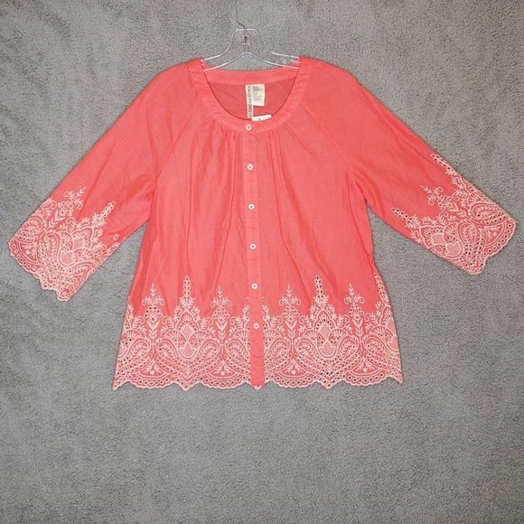 Forgotten Grace Tops - Forgotten Grace Womens Button Front Blouse Pink White‎ Eyelet 100% Cotton S New